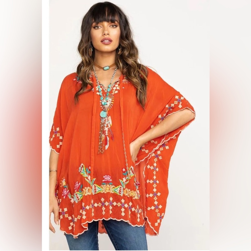 Johnny Was Dakota Poncho Oversized Medium Coral with Embroidery